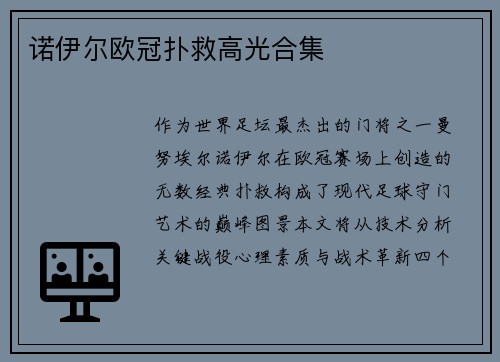 诺伊尔欧冠扑救高光合集