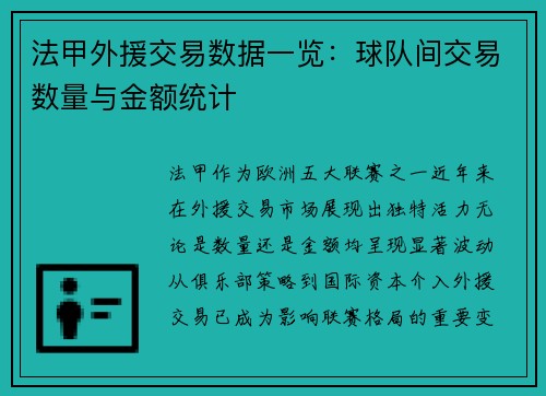 法甲外援交易数据一览：球队间交易数量与金额统计