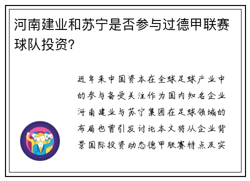 河南建业和苏宁是否参与过德甲联赛球队投资？